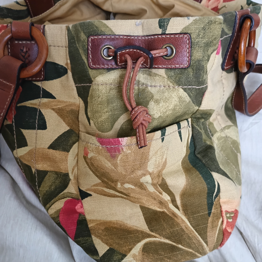 Vintage FOSSIL Floral Canvas Tote Bag with Brown Leather Handles - Picture 7 of 9